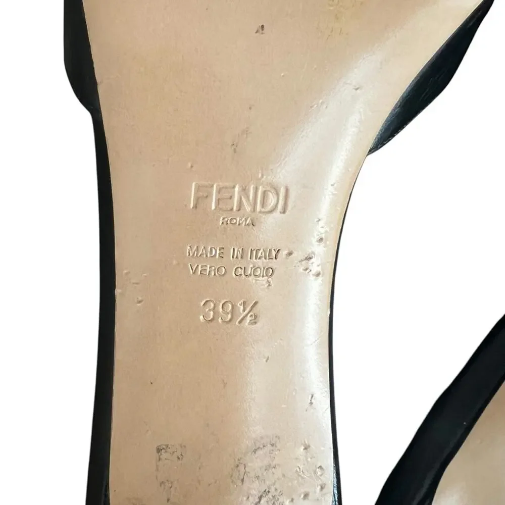 Fendi Women’s Ffold Square Toe Black Leather Gold Hardware Kitten Heel Sandals - Picture 11 of 13